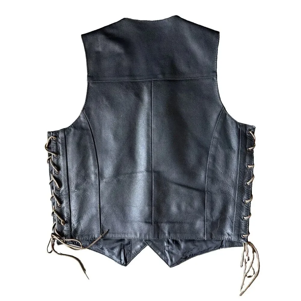 Vintage Leather USA Sz L Black Leather Biker Vest Motorcycle Lace Up Western